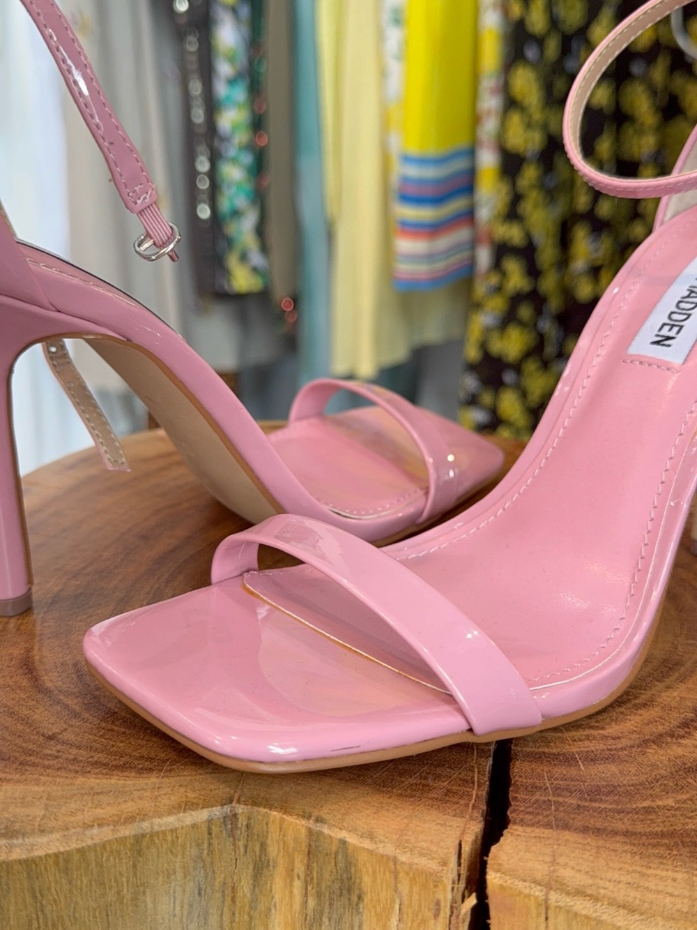 Steve Madden Glossy Pink Square-Toe Ankle-Strap Heels